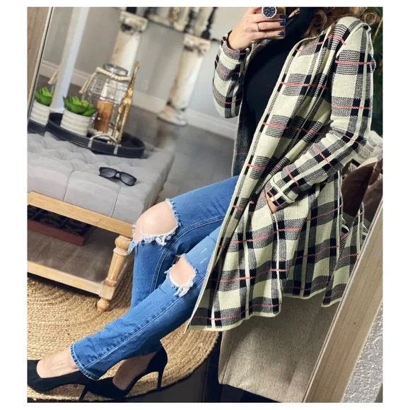 14 Plaid Open Light Chic Knit Jacket Cardigan - Picture 3 of 4
